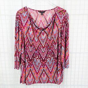 Investments ll Draped Neckline 3/4 Sleeve Graphic Pullover Multi Color Top